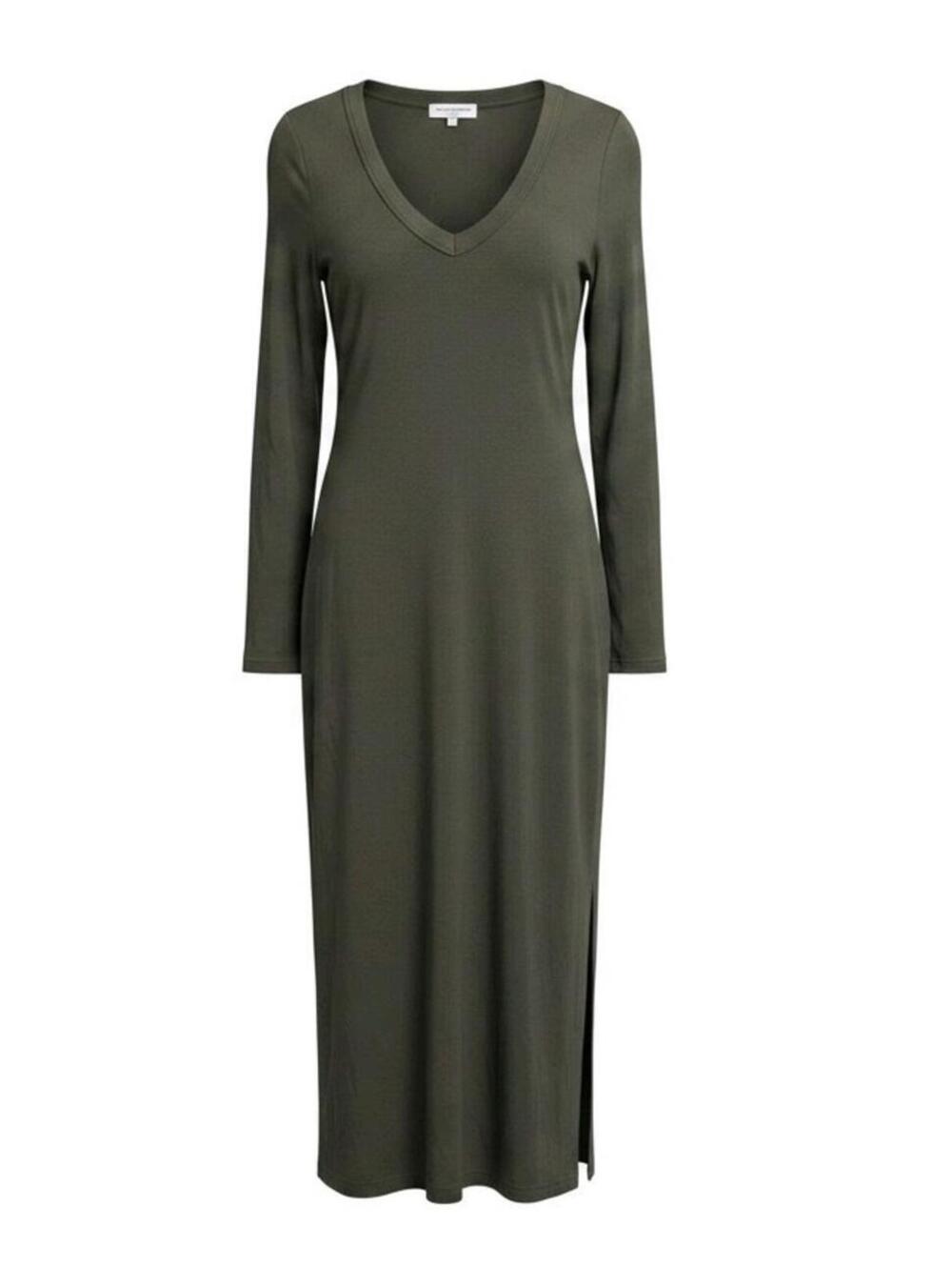 Michael Stars Women's Green Rib Knit V-Neck Midi Dress L Cotton Side Slit USA